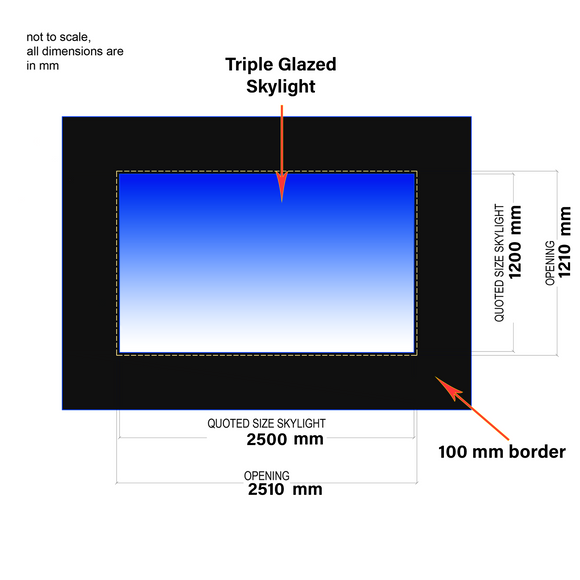 1200 x 2500 mm Frameless Skylight for Flat Roof - Triple Glazed.
