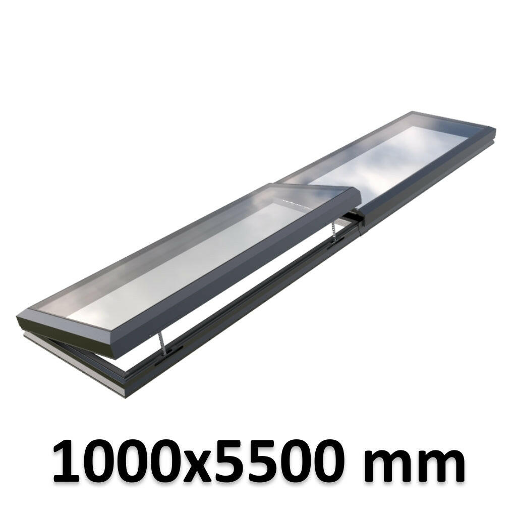 1000 x 5500 mm Electric Opening Glass Link Modular Skylight | 1 Fixed 1 Opening.