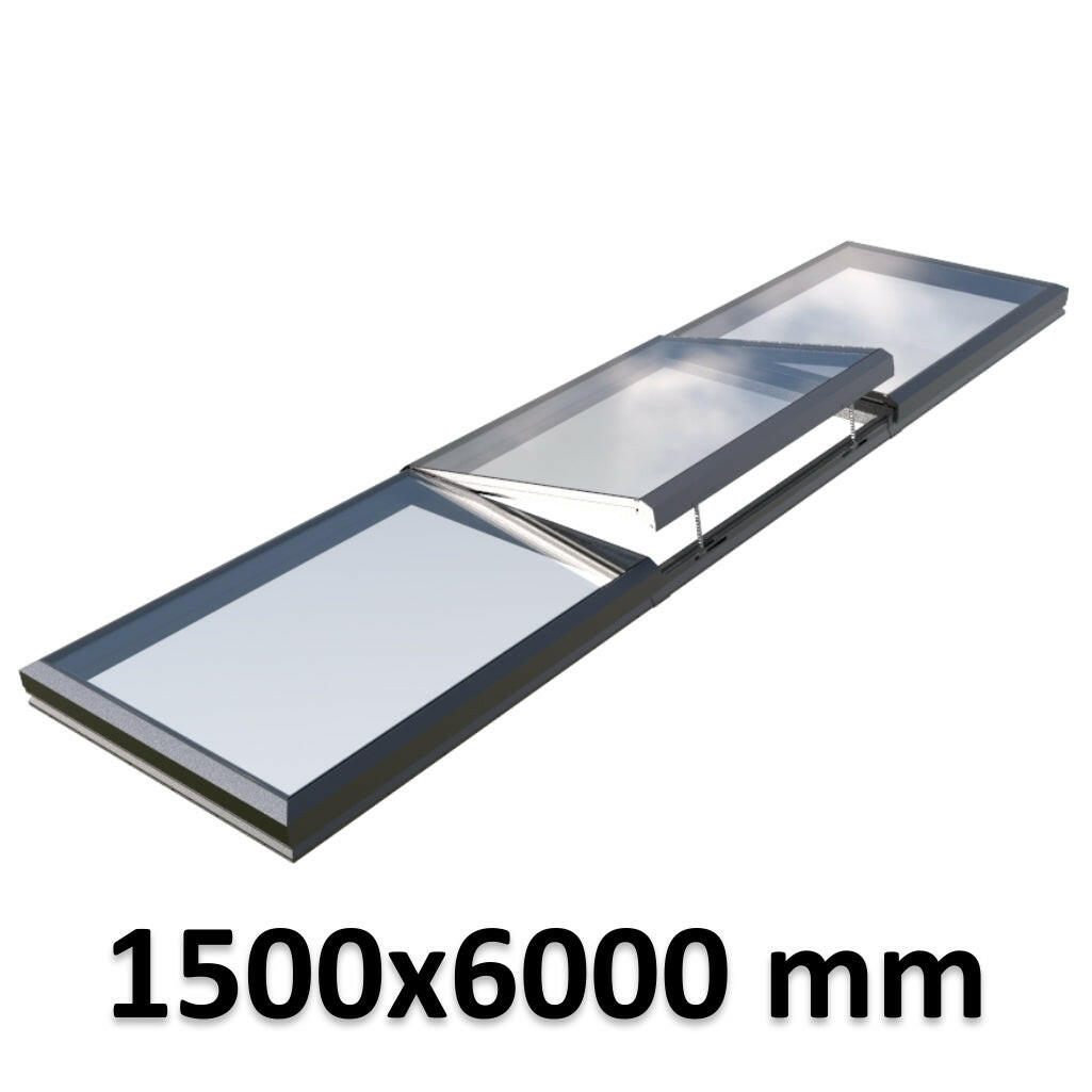 1500 x 6000 mm Electric Opening Glass Link Modular Skylight | 2 Fixed 1 Opening.