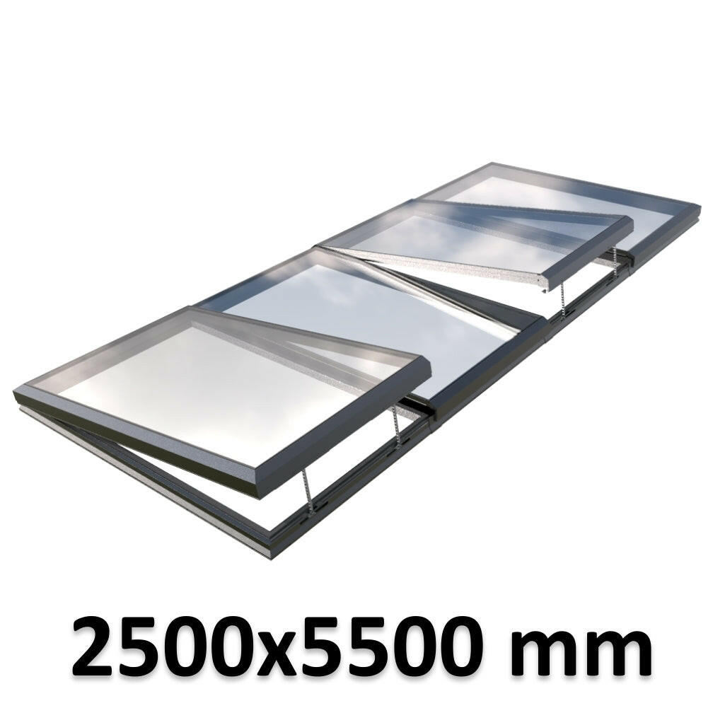 2500 x 5500 mm Electric Opening Glass Link Modular Skylight | 2 Fixed 2 Opening.