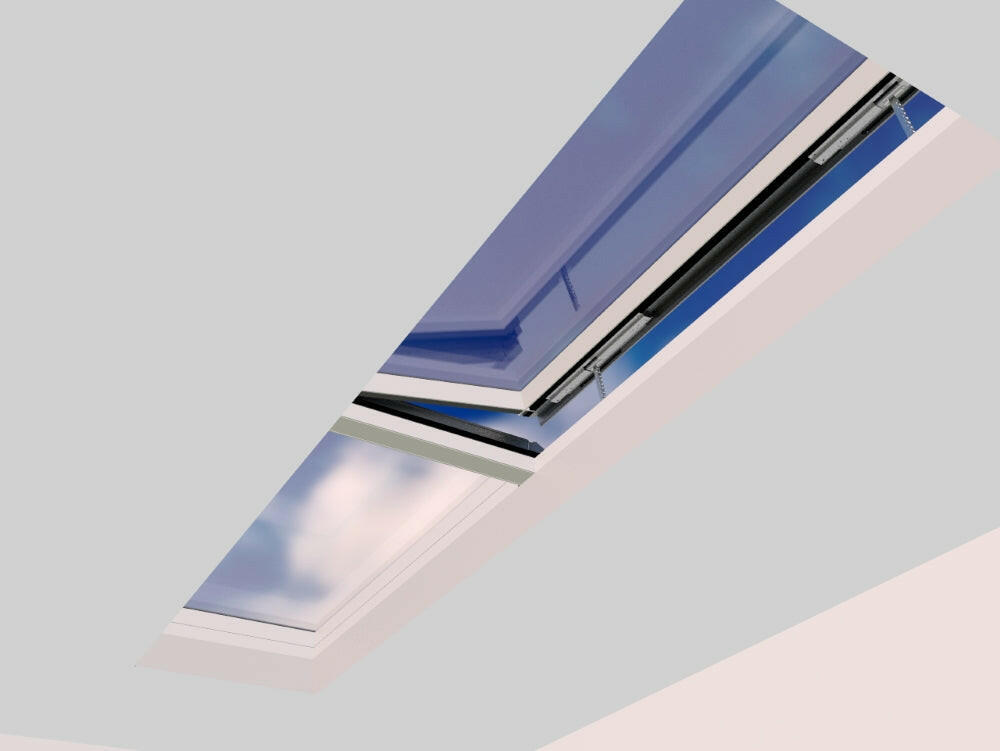 1000 x 4000 mm Electric Opening Glass Link Modular Skylight | 1 Fixed 1 Opening.