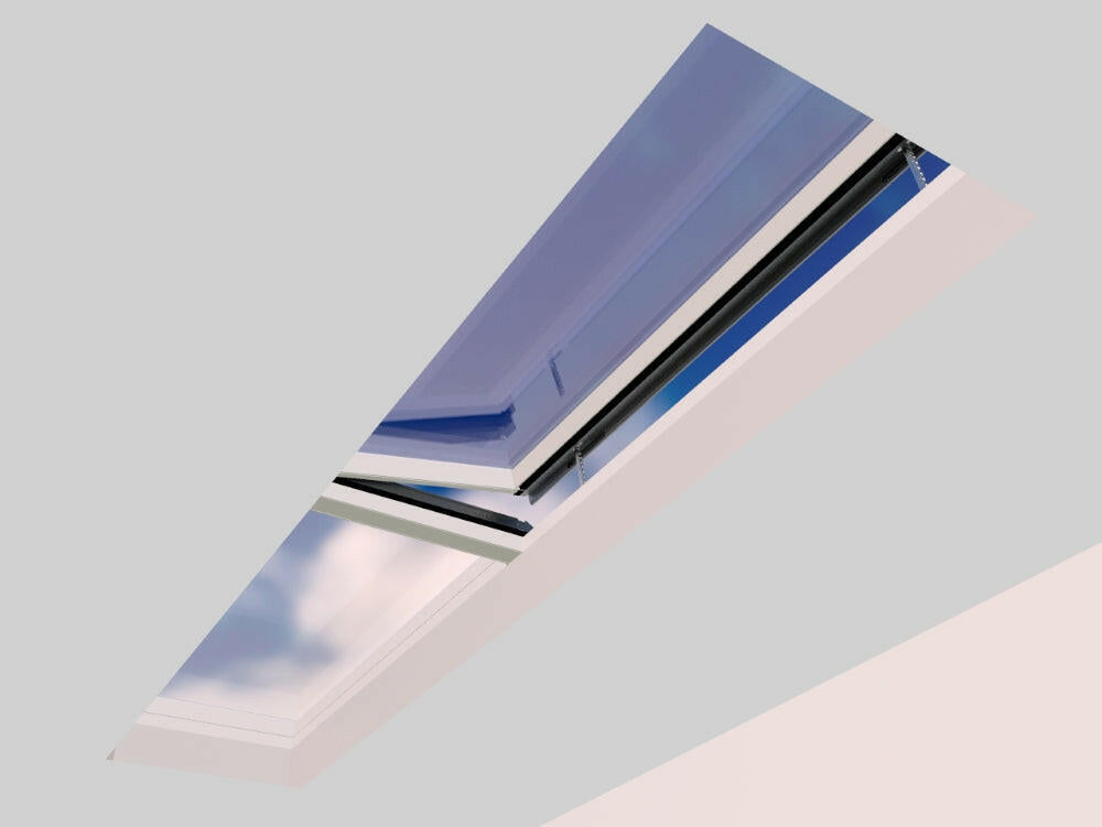 1000 x 4500 mm Electric Opening Glass Link Modular Skylight | 1 Fixed 1 Opening.