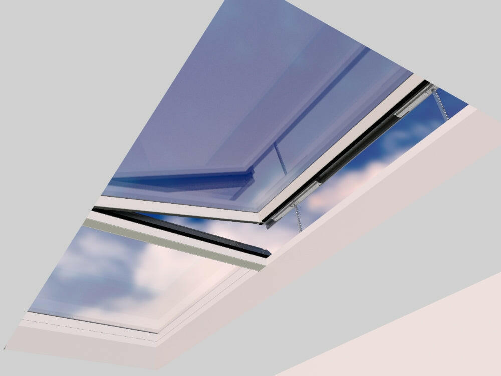 1500 x 4000 mm Electric Opening Glass Link Modular Skylight | 1 Fixed 1 Opening.