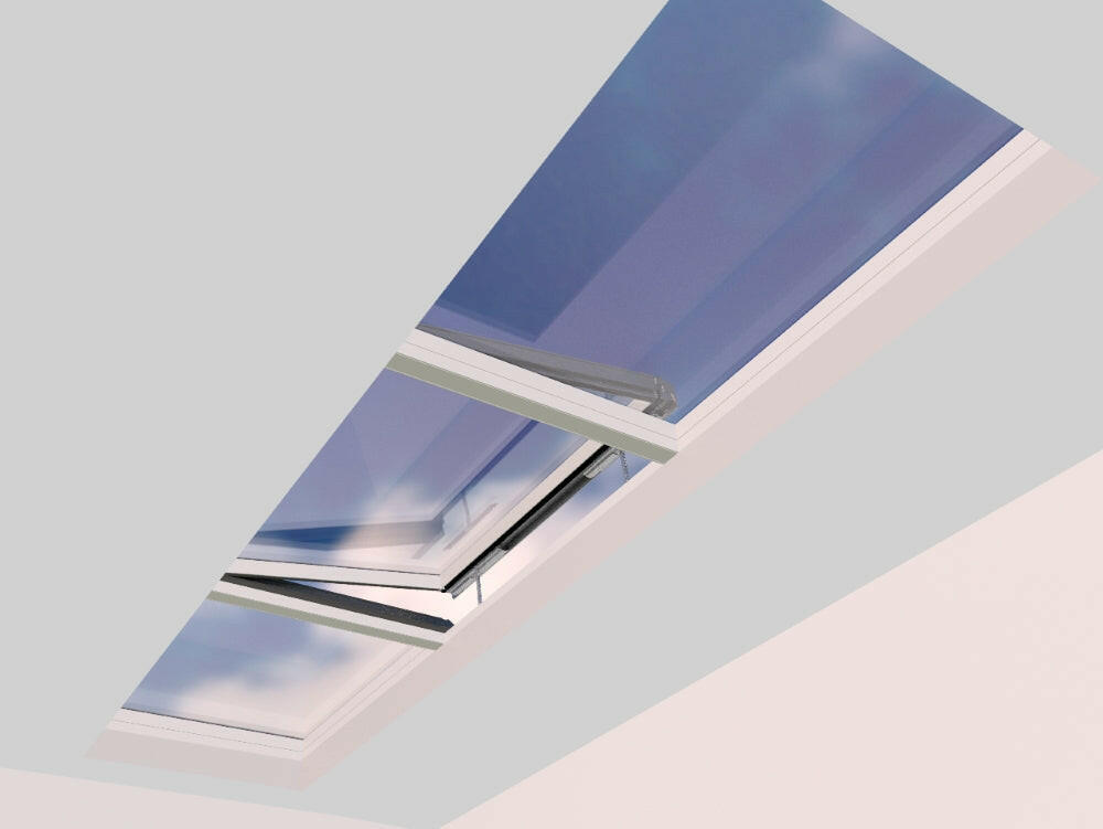 1500 x 6000 mm Electric Opening Glass Link Modular Skylight | 2 Fixed 1 Opening.