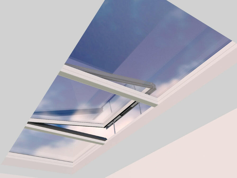 2000 x 5000 mm Electric Opening Glass Link Modular Skylight | 2 Fixed 1 Opening.