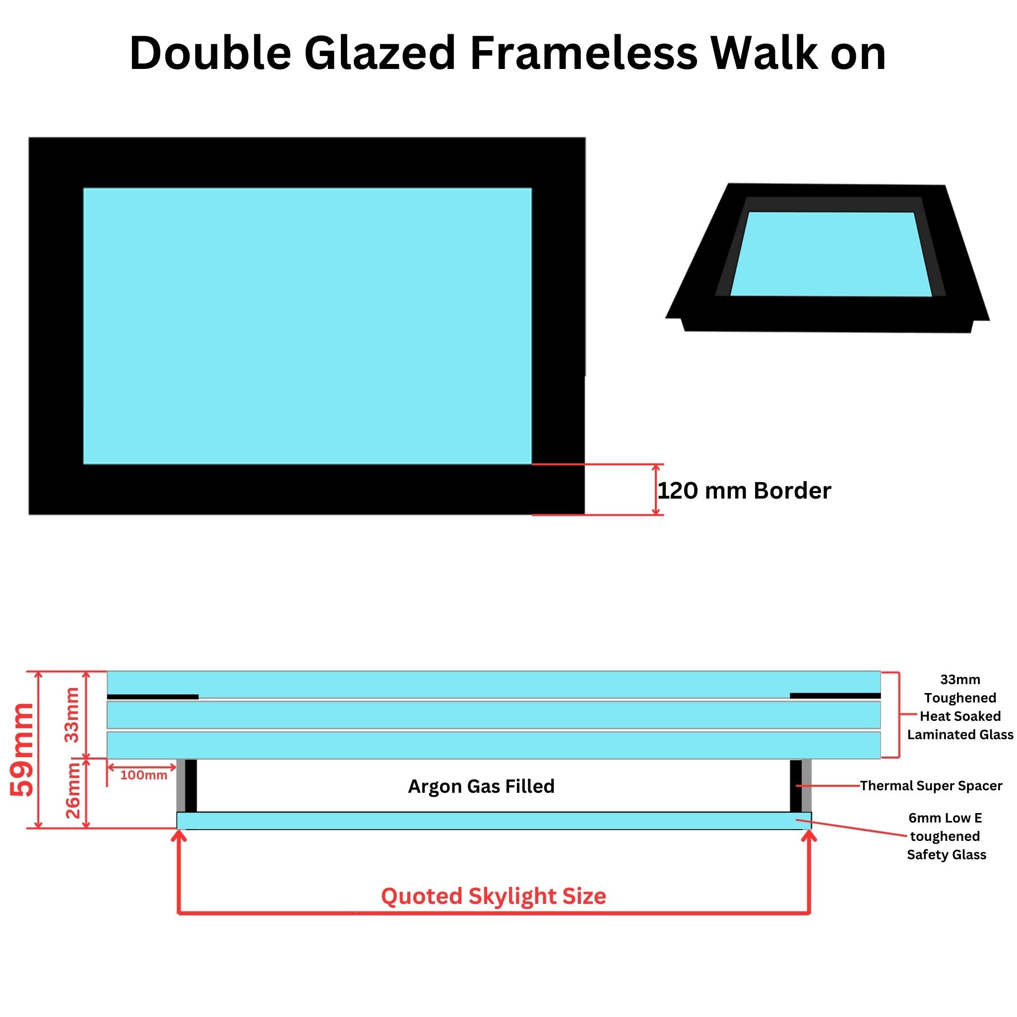 800 x 1800 mm Frameless Walk-on Skylight