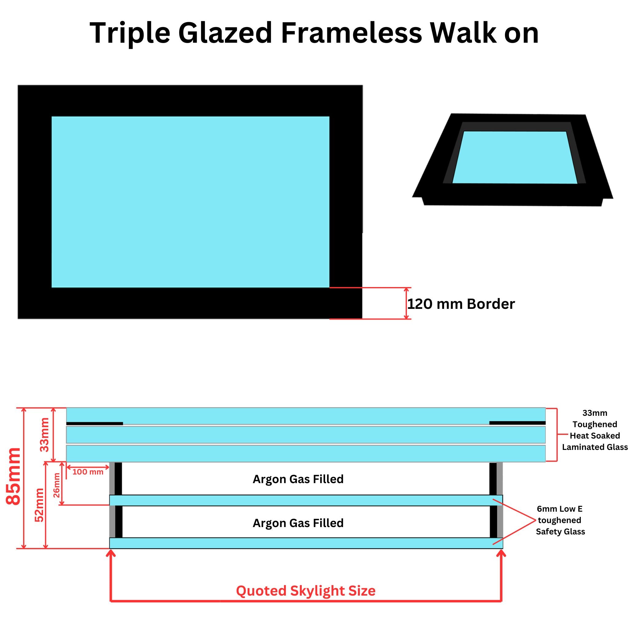 1000 x 1000 mm Frameless Walk-on Skylight